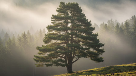Pine tree in the foggy forest. Foggy morning.の素材