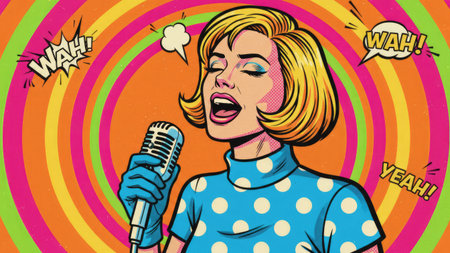 Pop art woman singing into a microphone. Vector illustration in retro style.の素材