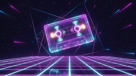 Retro 80s style holographic audio cassette on a dark background. 3d renderingの素材
