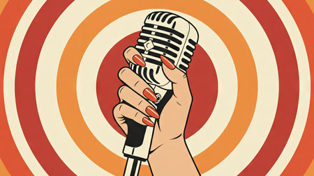 Retro microphone in the hands of a girl. Vector illustration.の素材
