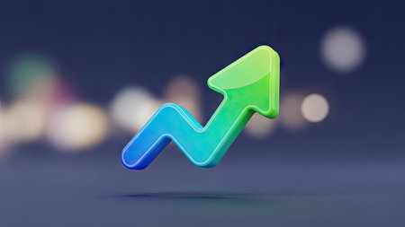 A vibrant 3D arrow pointing upwards dominates the image, rendered with a gradient of blue and green hues. The object is set against a blurred dark backdrop with bokeh effects, creating depth. The composition evokes concepts of advancement and development, suitable for diverse commercial applications.の素材