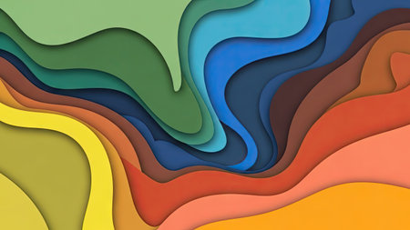 This image presents an abstract design featuring a layered paper art style. It showcases a range of warm and cool colors, with undulating, wavy shapes creating depth. The composition suggests a sense of fluidity and movement. Suitable for various creative projects, this image could be used for backgrounds, illustrations, or design elements.の素材