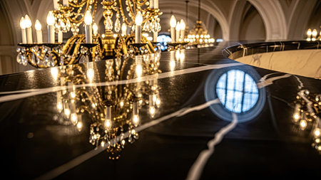 A striking image displays a reflective surface with a classical chandelier overhead. Gold accents and light reflections create a luxurious feel. The composition is symmetrical, highlighting depth and detail. This image could be suitable for decor, design, or luxury lifestyle themes.の素材