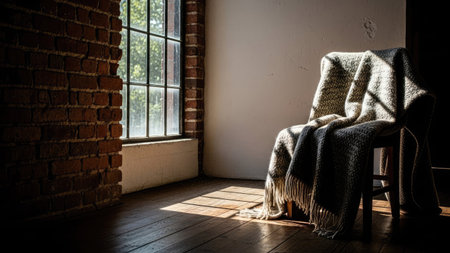 An empty wooden chair is draped with a neutral-toned blanket, positioned near a window. The scene is illuminated by natural sunlight, creating strong shadows across a wooden floor. The composition includes a brick wall and a white wall. This image is suitable for various commercial uses.の素材