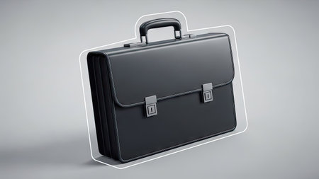 A close-up shot presents a black briefcase set against a gradient gray backdrop. The object is angled and highlighted, showing details like handle, clasps, and shape. This professional image could be used for various commercial needs, including business presentations or website design elements.の素材