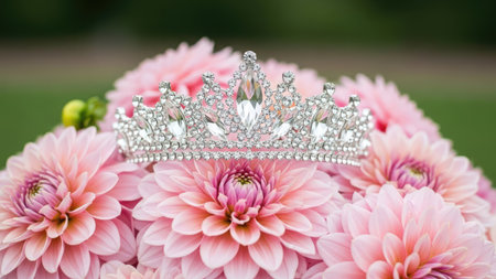 A silver crown rests on a cluster of pink flowers, likely dahlias, arranged in a natural outdoor setting. The image showcases soft textures and a shallow depth of field, with blurred green foliage as a backdrop. This photograph could be used for various commercial or editorial purposes, conveying ideas of beauty or celebration.の素材