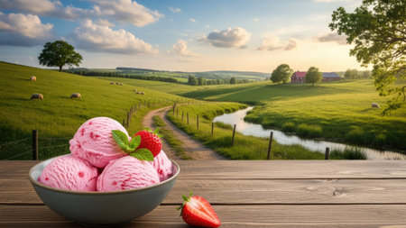 A bowl of pink strawberry ice cream sits on a wooden table in the foreground. Rolling green hills, a winding stream, and a sunny sky create a picturesque backdrop. The image features natural light and a vibrant color palette, suitable for food-related projects, advertising, or editorial content.の素材