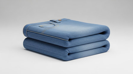 This image showcases a folded textile item, possibly clothing, rendered in a calming shade of blue. The item is neatly stacked, with visible stitching and a button detail. The composition utilizes soft lighting, creating gentle shadows, against a clean white background. Suitable for various commercial uses, including product presentations.の素材