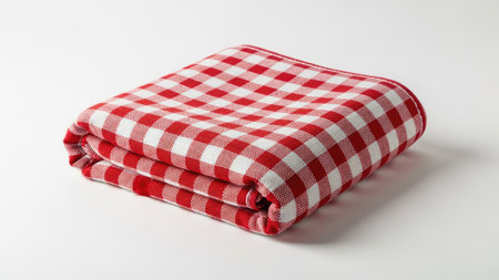 A neatly folded blanket presents a classic red and white checkered pattern. The fabric displays a soft texture. The bright colors contrast against the plain white background. It could be used for various projects needing a clean design or a touch of domestic warmth.の素材
