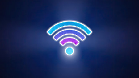 A vibrant Wi-Fi symbol glows against a deep blue backdrop. The stylized icon features concentric arcs in shades of blue and purple. The composition uses a smooth gradient, and soft lighting effects. This image is suitable for illustrating connectivity, internet access, and digital communication in various commercial applications.の素材
