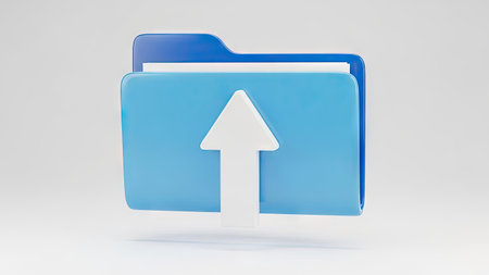 A digital illustration shows a blue folder with a white arrow pointing upwards. The image features a clean, simple style with soft shading against a plain white backdrop. Suitable for applications related to data transfer, cloud storage, or digital file management. This image is applicable for website design and promotional materials.の素材