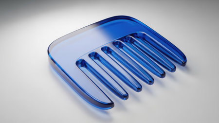 A digital illustration displays a transparent blue comb against a clean white backdrop. The object is rendered with smooth gradients and highlights, suggesting a studio environment. The image is likely suited for commercial purposes, illustrating themes of beauty, grooming, or personal care.の素材