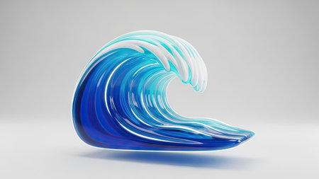 A digital illustration presents a stylized wave in shades of blue and white, set against a clean white backdrop. The design showcases smooth, curved forms reminiscent of ocean water, with a glossy appearance. The artwork suggests concepts like fluidity and motion, suitable for diverse commercial applications.の素材