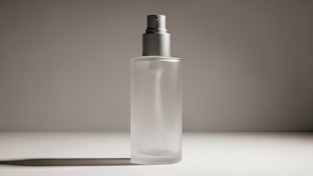 A transparent glass spray bottle is positioned on a white surface, casting a subtle shadow. The neutral background complements the minimalist composition. The monochrome color palette and focused lighting enhance the product's clarity. Suitable for advertising, product showcases, or conceptual presentations in cosmetics or skincare.の素材
