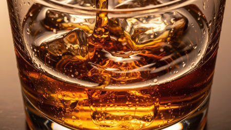 Whiskey flows into a glass containing ice cubes, creating dynamic visual interest. The image showcases the liquid's amber color, reflecting light and texture. The dark background adds contrast, emphasizing the drink's presentation. It can be used in various commercial applications involving beverages or lifestyle.の素材