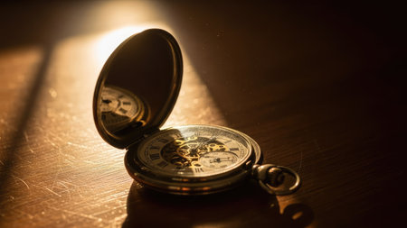 An open pocket watch, the focal point, rests on a wooden surface, highlighted by a soft, warm light. The intricate details of the watch face and casing are visible, showcasing a vintage aesthetic. The composition uses dramatic lighting, creating shadows and depth, suitable for various editorial and commercial applications. The scene conveys a sense of history.の素材