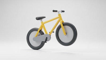 A yellow bicycle is displayed against a bright white backdrop. The illustration showcases a minimalist style with smooth surfaces and distinct colors. The composition provides an overhead view, highlighting the bicycle's design. This image is suitable for various commercial purposes, including advertising and educational content.の素材