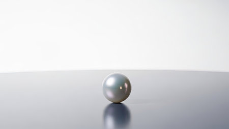A lustrous, grey pearl sits on a polished, dark surface, reflecting its form. The composition features a clean white backdrop, creating a simple, elegant aesthetic. The lighting highlights the pearl's texture, suggesting potential uses for jewelry or luxury product visuals. The overall look is modern and minimalist.の素材