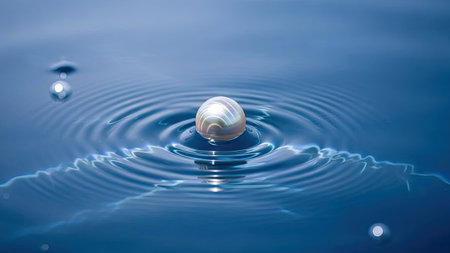 A close-up captures the moment a drop impacts water, forming concentric ripples. The cool color palette features blues and whites, with a pearl-like drop at the center. The composition showcases detailed textures and natural lighting. This image may be used for various projects, including advertising or editorial content.の素材