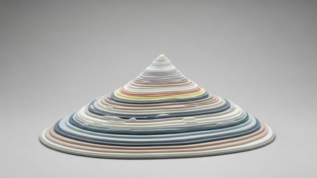 An abstract artwork showcases a cone shape composed of numerous layered bands of varying colors. The piece exhibits a textured appearance, with visible layers and subtle gradients. The neutral backdrop allows for focus on the subject. Suitable for commercial or editorial applications, it emphasizes the artistry and form.の素材