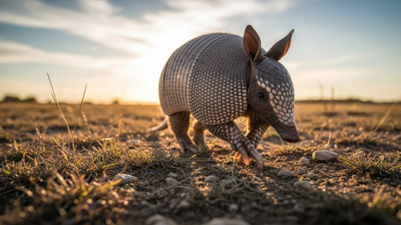 An armadillo walks across a dry, grassy field under a bright sky. The animal is in focus, exhibiting a textured, armored shell and small ears. The composition features warm tones from the sunlight illuminating the terrain, which could be used for various commercial or editorial purposes.の素材