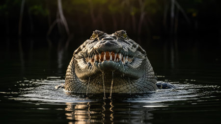 An alligator emerges from the dark water, its head and jaws prominently displayed. The image showcases the animal's rough texture and menacing teeth. The composition and lighting create a sense of mystery and potential danger. Suitable for various editorial and commercial projects related to wildlife or nature.の素材