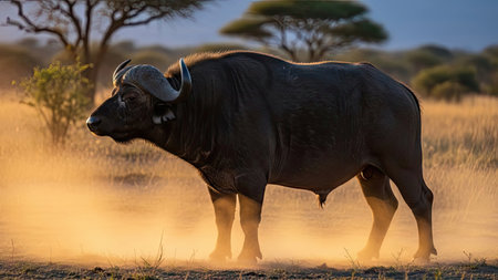 An African buffalo stands in a savanna setting, with dust particles highlighted by the sun. The image showcases the animal's dark silhouette against a backdrop of golden grasses and trees. This photo could be used for wildlife publications, educational resources, or advertising materials.の素材