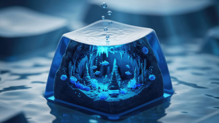 An abstract scene presents a crystal cube revealing an underwater environment within. The cube appears to float amidst a blurred, soft-blue background. The interior features aquatic plants and fish. This conceptual illustration uses diffused lighting, suggesting potential use in various design projects or marketing visuals.の素材