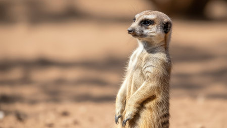 A meerkat stands attentively, its body upright against a blurred desert backdrop. The image showcases the animal's tan and brown fur, contrasting against the sandy environment. The shallow depth of field isolates the subject, suitable for various commercial and editorial applications highlighting wildlife.の素材
