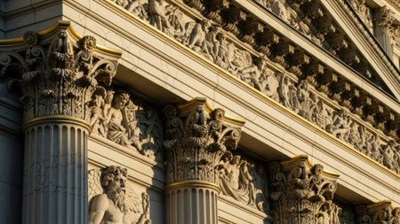 The image captures a close-up of an elaborate building facade featuring classical columns and detailed relief sculptures. The composition highlights the architectural style, with a warm color palette and bright sunlight illuminating the carvings. This image may be useful for projects related to design, history, or educational resources.の素材
