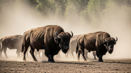 A group of bison traverse a dusty field, possibly in a dry environment. The image features several of the large mammals, showcasing their size and dark brown fur. A diffused sunlight creates an atmospheric effect, with the composition suggesting movement and wildlife. Suitable for diverse commercial and editorial applications.の素材