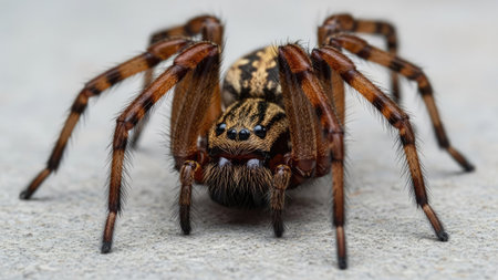 A close-up captures a detailed view of a spider with a textured body and long, striped legs. The creature displays a pattern of brown and black markings. The image uses natural lighting and a shallow depth of field, suitable for various editorial and commercial applications. The photograph emphasizes the spider's intricate structure.の素材