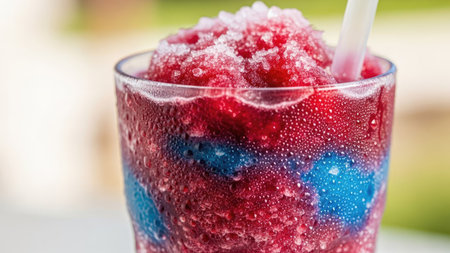 This image showcases a vibrant close-up of a slushy drink in a clear glass. The drink features layers of red and blue, with ice crystals. The composition highlights the drink's texture and color, suitable for various editorial and commercial applications. The lighting suggests an outdoor setting.の素材