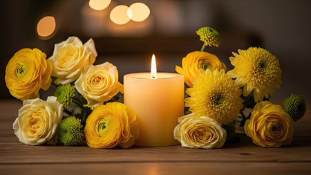 A close-up captures a lit candle surrounded by yellow flowers and green accents. The composition features soft lighting that casts a warm glow, with details of petals and textures. Suitable for illustrating concepts of remembrance, spirituality, or decorative imagery for various commercial applications.の素材