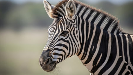 This photograph presents a detailed portrait of a zebra, highlighting its iconic black and white striped pattern. The image displays natural lighting and a shallow depth of field, emphasizing the animal's head and eye. This versatile image may be suitable for diverse commercial applications, encompassing editorial and illustrative needs.の素材