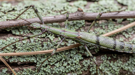 A stick insect is shown against textured tree bark. The insect's body has a green and brown camouflage pattern. The composition is a macro shot with shallow depth of field, highlighting details. This image is suitable for educational materials and editorial content.の素材