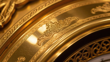 This image presents a close-up of a golden decorative element, showcasing intricate patterns and curves. The visual characteristics include a rich, metallic texture, and detailed craftsmanship. The composition suggests an antique item. Suitable for various applications, including design, decorative purposes, and other creative projects.の素材