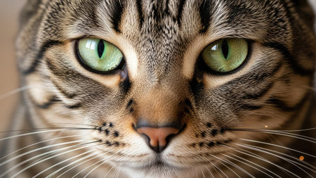 This image showcases a close-up portrait of a domestic cat. The cat features a brown and grey striped pattern. Its vibrant green eyes and detailed facial features are emphasized. This high-resolution image could be useful for various commercial and editorial applications such as advertising or web design.の素材