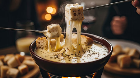 A close-up shot showcases cheese fondue with bread cubes being dipped and lifted. The scene features warm lighting and soft bokeh in the background. The dish appears rich and creamy with melted cheese and is suitable for various culinary, editorial, and commercial applications.の素材