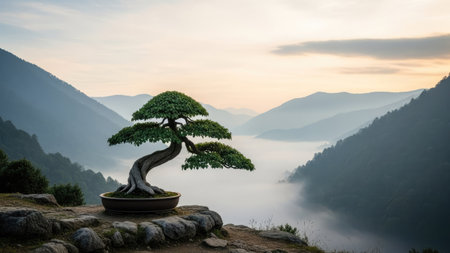 A bonsai tree sits on a rock outcrop, with a backdrop of a misty valley and distant mountains. The composition features soft lighting and muted colors, suggesting a tranquil environment. This image could be used in various commercial projects, including publications and advertising campaigns.の素材