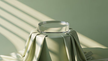 An elegant circular platform is draped with soft fabric, ready to present a product. The composition features a clean aesthetic with a pastel green backdrop. Overhead light casts striped shadows across the scene creating a gentle play of light and shadow, suitable for commercial projects or advertising concepts.の素材