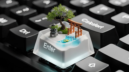 A close-up view displays a miniature Japanese garden scene set upon a computer's Enter key. The key features a serene landscape with a small tree, a stone lantern, and a torii gate. The composition uses soft lighting and a blurred background, suggesting a tranquil environment. This image could be suitable for technology or design projects.の素材