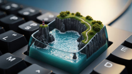 A close-up view presents a miniature island landscape encased within a keyboard key. The scene features a turquoise sea, a rocky cliff, green trees, and a winding path. Overhead lighting illuminates the detailed textures. This image is suitable for various commercial uses, including technology, travel, or conceptual design.の素材
