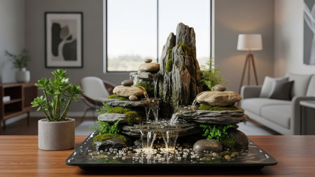 A miniature waterfall fountain display rests on a wooden table within a living room setting. The scene showcases a crafted rock structure with cascading water. The overall composition includes a soft lighting and a blurred background. Suitable for decorative projects and home decor concepts.の素材