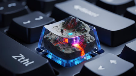 A close-up view presents a creative concept featuring a volcanic landscape enclosed within a transparent computer key. This artistic composition showcases a tiny figure exploring the terrain. The image is characterized by dramatic lighting, vibrant colors, and a modern digital art style. Suitable for illustrating ideas related to technology or innovation.の素材
