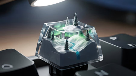 A miniature landscape is encased within a clear, geometric keycap. Small trees and a river are visible on a textured surface. The scene is illuminated by overhead lighting, creating shadows and highlights. This detailed, artistic design may be suitable for computer, technology, or creative concepts.の素材