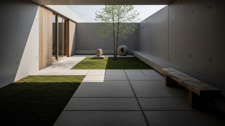 An interior space features a minimalist design with concrete walls and wooden accents. Green grass patches and a small tree add natural elements to the scene. The composition includes a stone bench and a partially visible open sky, suggesting a bright day. Suitable for architectural, design, or lifestyle projects.の素材