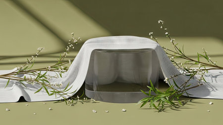 An artistic product display showcases a clear glass container draped with white cloth, set against an olive-green backdrop. Delicate green foliage and small white flowers frame the composition. The lighting creates subtle shadows. This setup could be used for product presentations, advertisements, or other commercial projects.の素材
