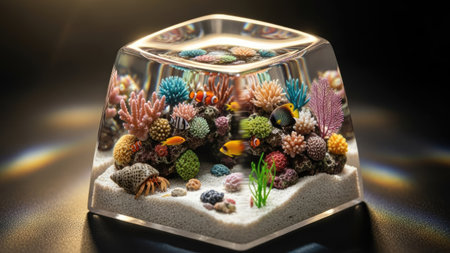 A close-up view displays a detailed miniature aquatic scene enclosed within a transparent cube. The scene contains vibrant coral, small fish, and sand, illuminated by soft lighting. This artistic representation could be used for various design projects or as an eye-catching visual element in creative content.の素材