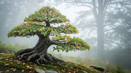 A bonsai tree is showcased outdoors with intricate roots and lush green foliage. The scene presents soft lighting, and a muted color palette. The background features a blurred forest, creating a serene and natural ambiance. This image is suitable for various commercial purposes, including use in editorial content and design projects.の素材